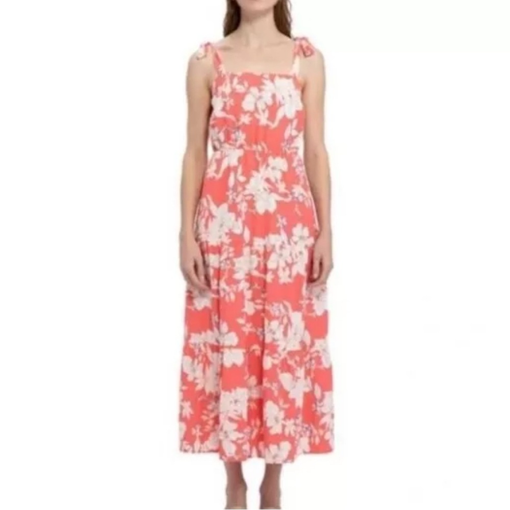 Coral and White Sleeveless Midi Sundress